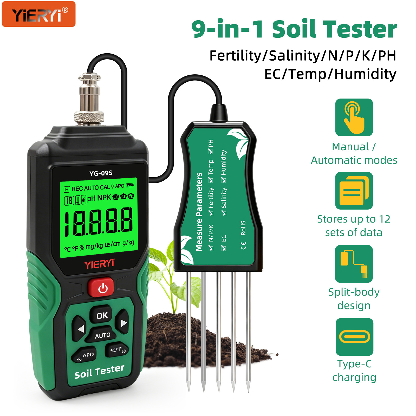 Ph Up Down Solution - YIERYI 9-in-1 Bodentester Digitaler NPK-Sensor PH